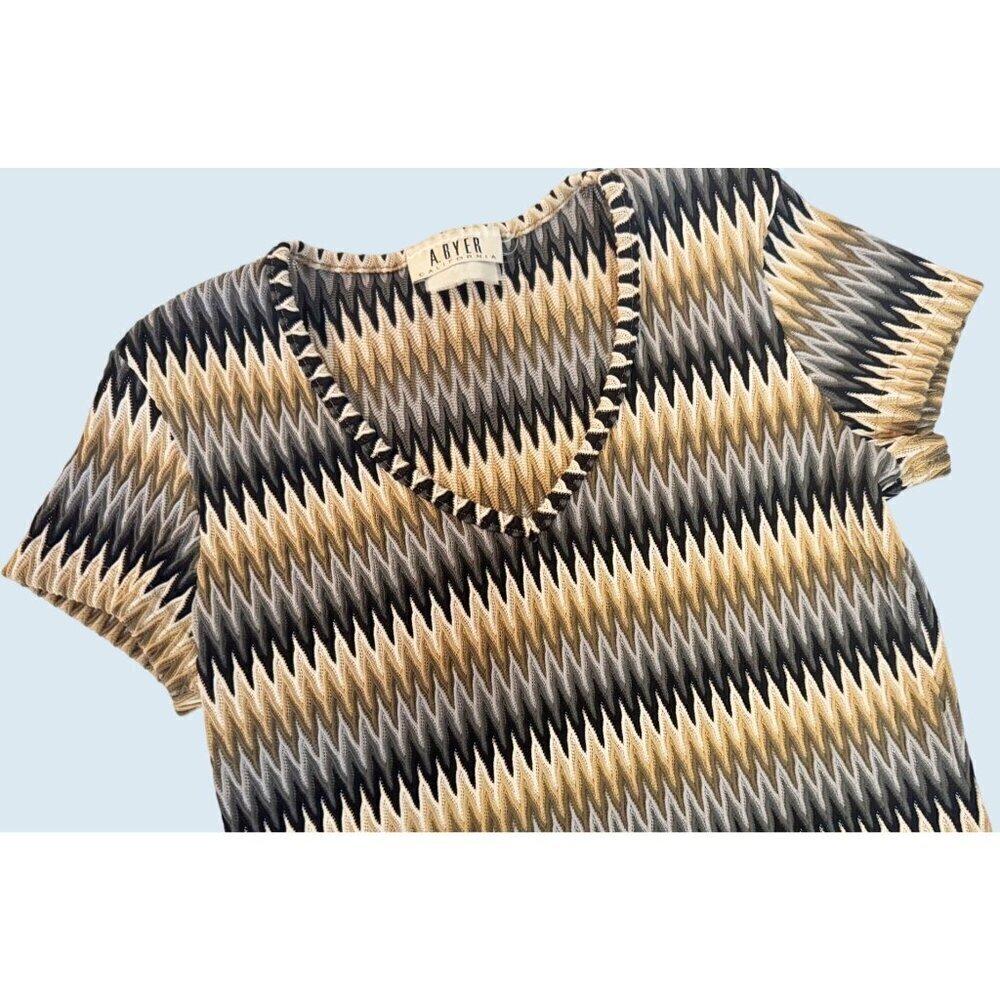 Vintage A. BYER California Zig Zag V Neck Short Sleeve Top Shirt Blouse Sz S